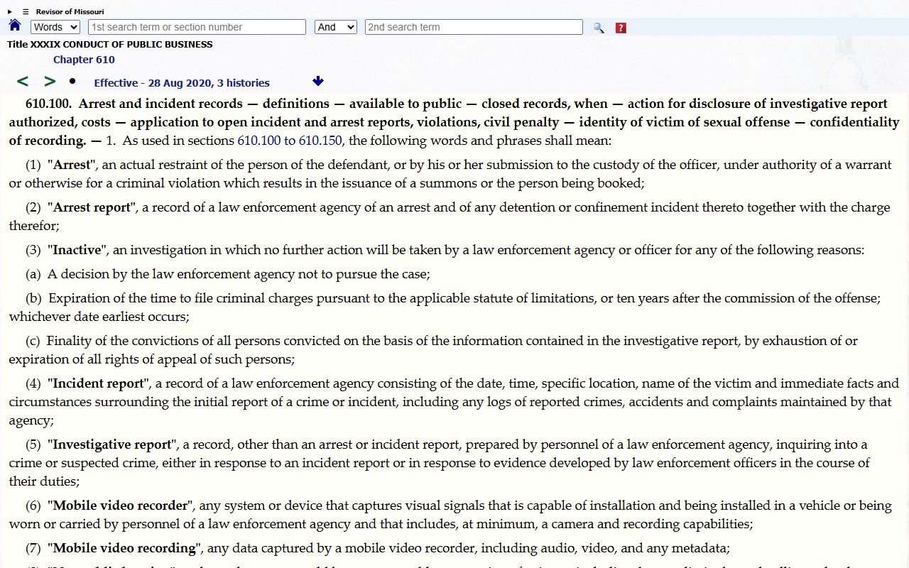Jackson County arrest records statute page for Missouri arrest reports