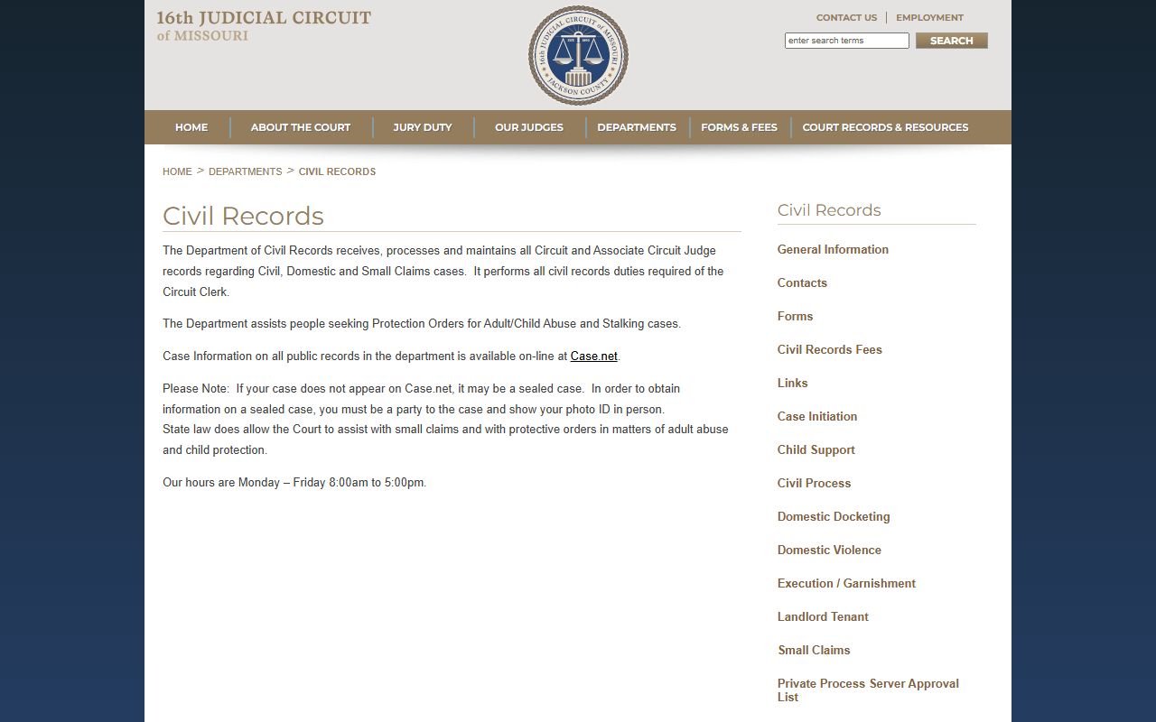 Jackson County court records civil records department page