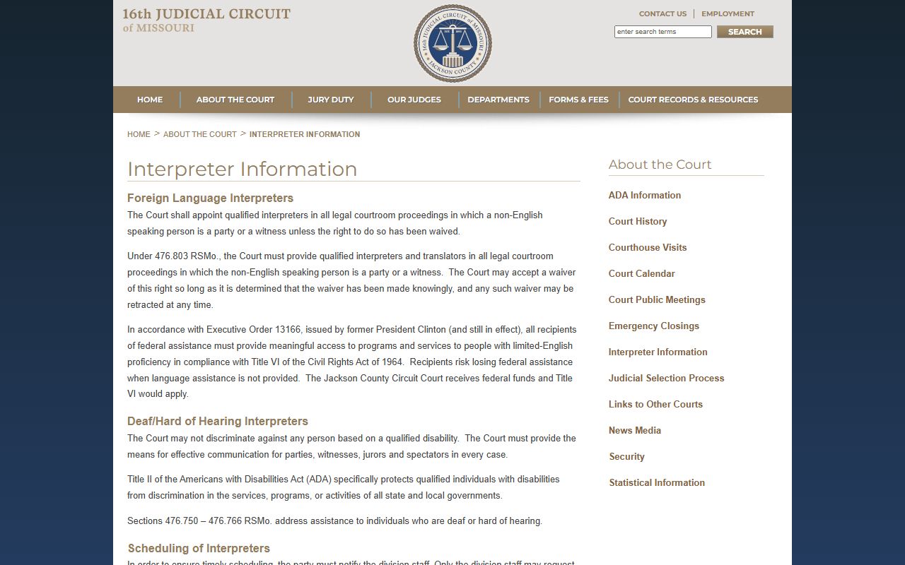 Jackson County court records interpreter information page