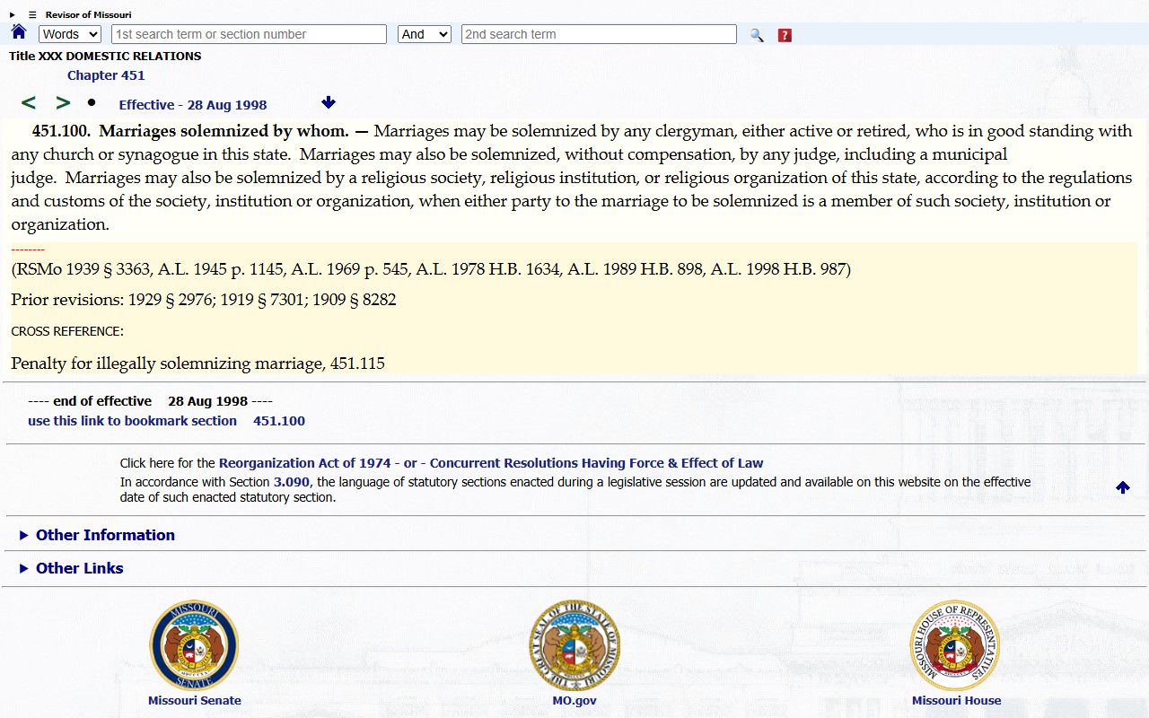 Jackson County marriage records Missouri solemnization statute