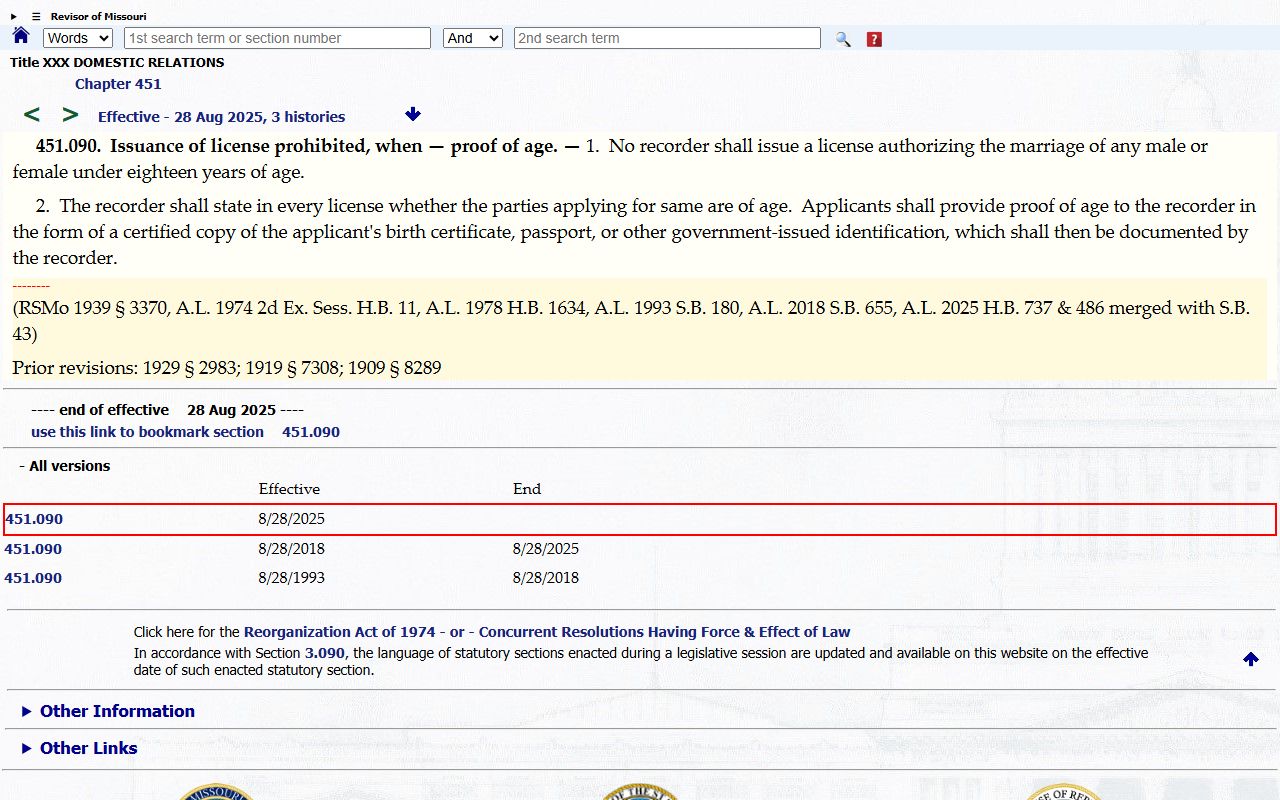 Jackson County marriage records Missouri age statute