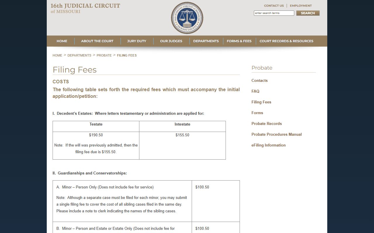 Jackson County probate records filing fee schedule