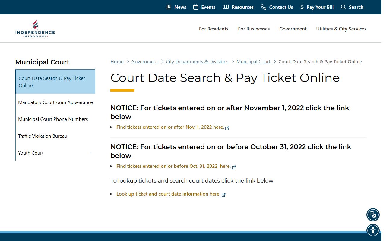 Jackson County traffic court records Independence ticket lookup page