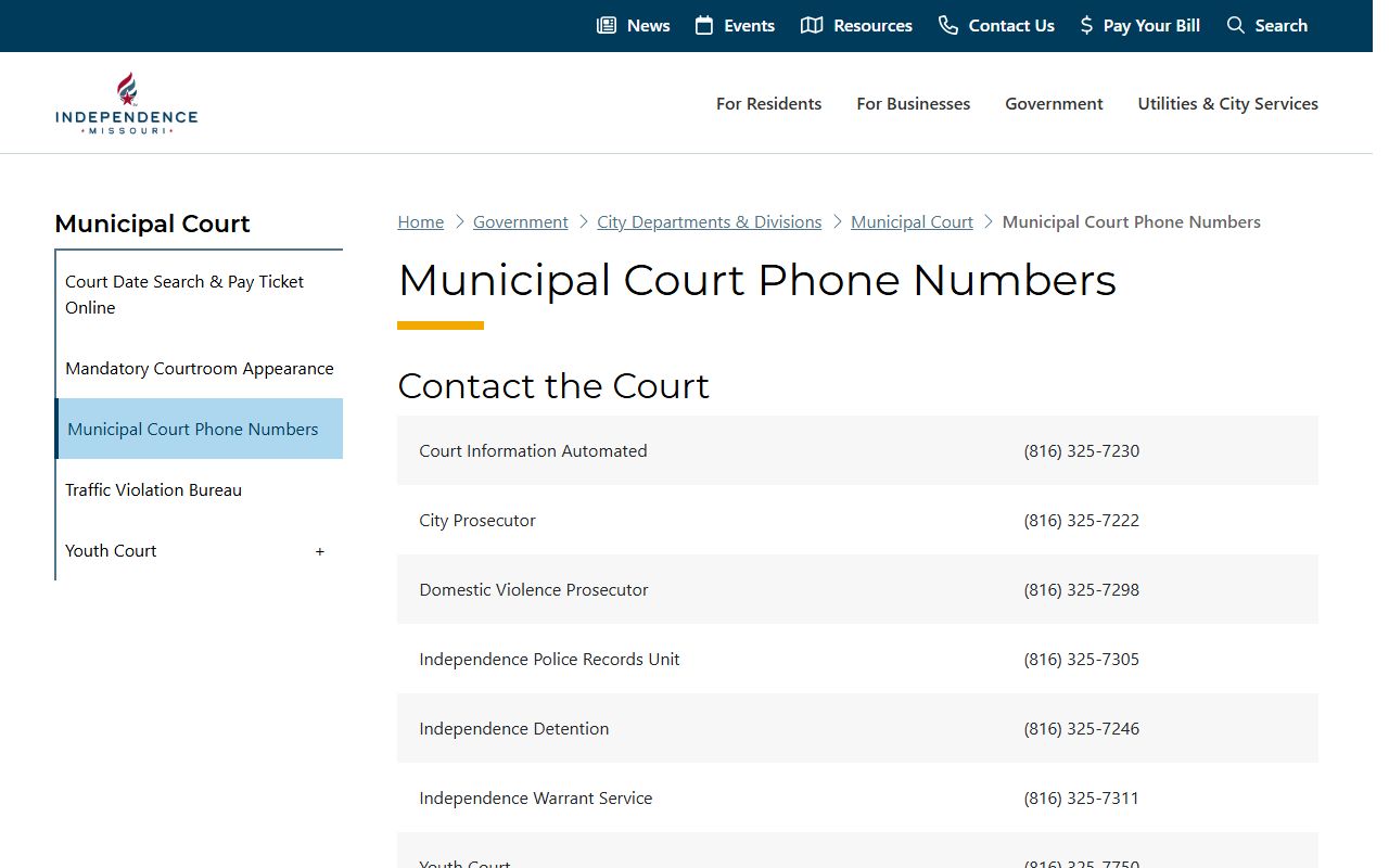 Jackson County warrant records Independence Municipal Court phone numbers